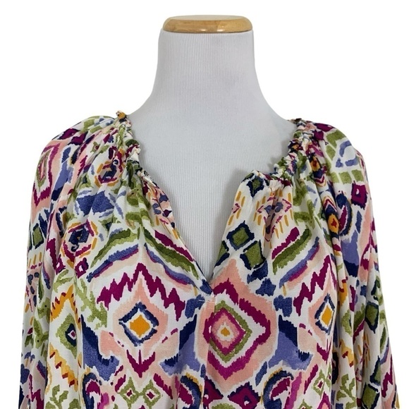 Beach lunch lounge Colorful Ikat Popover V Neck Blouse Size M - Picture 4 of 16